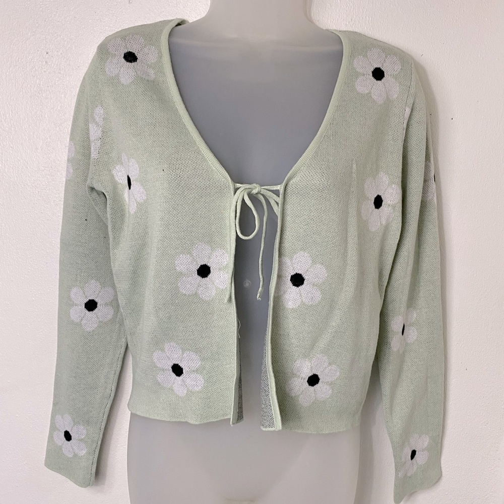 Nikki K Mint Green Front Tie Daisy Sweater Cardigan